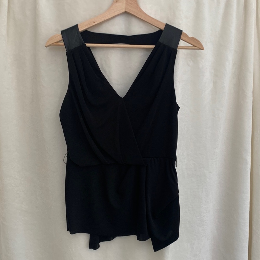 BeBe Black V neck peplum top with faux leather detail